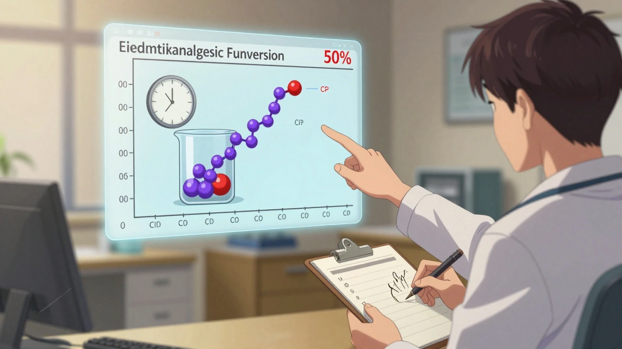 Doctor explains opioid conversion chart with safety margin, patient holding pain diary.