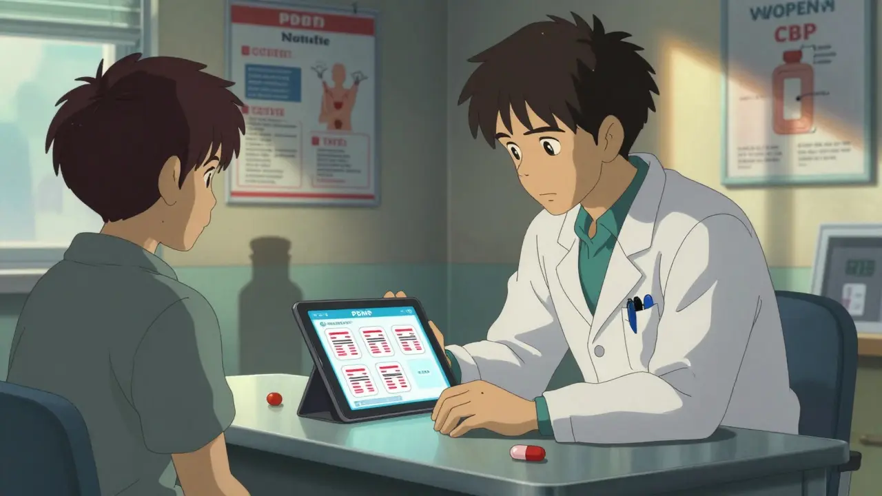 Doctor reviewing a patient's prescription history on a tablet with warning icons.