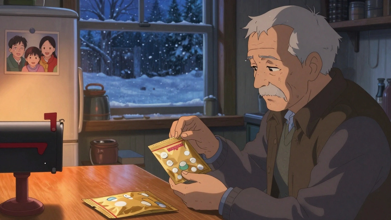 Elderly man sealing mail-back disposal pouch at kitchen table with family photo visible