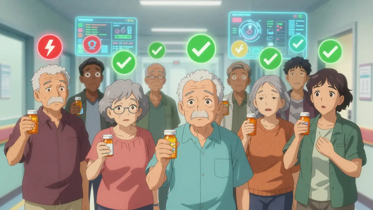 Elderly patients with floating risk indicators in a hospital hallway, surrounded by digital health records.