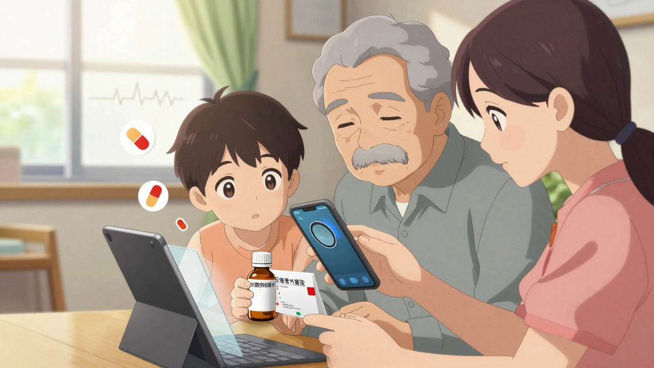 Family helping senior verify medication using phone magnifier and large-print label at home.