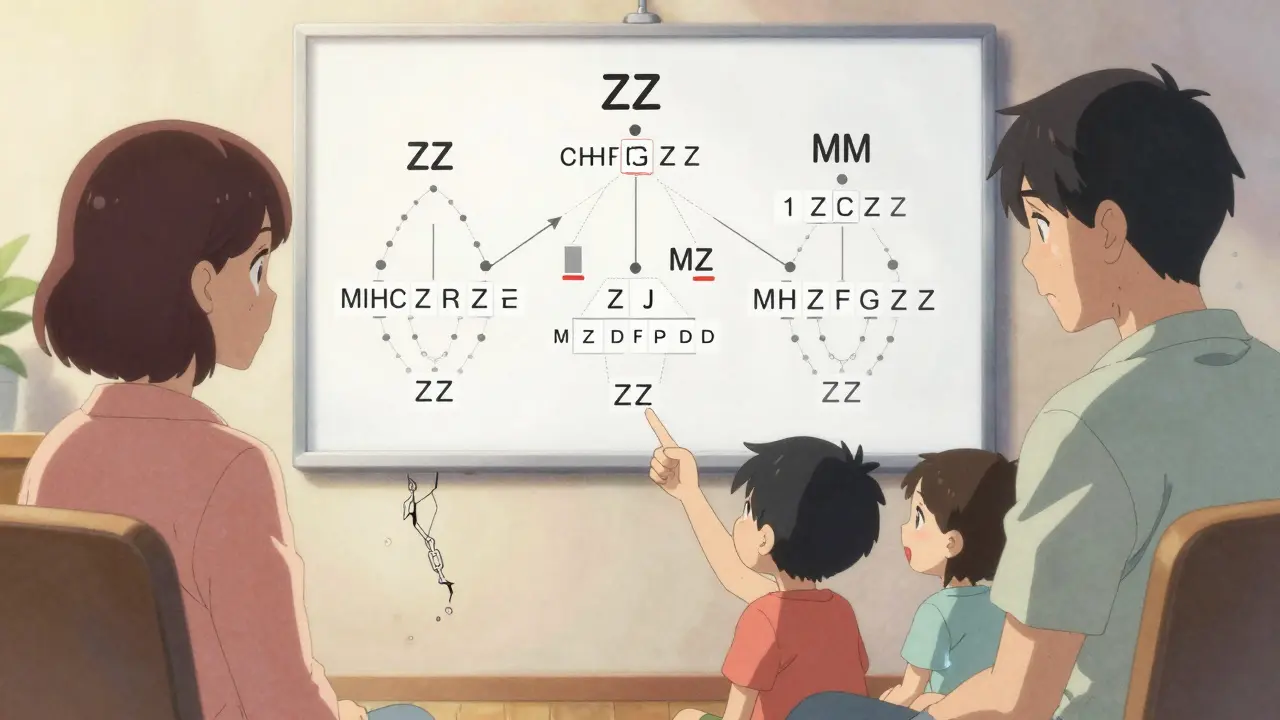 Family with genetic counselor and floating inheritance chart showing AATD gene patterns.