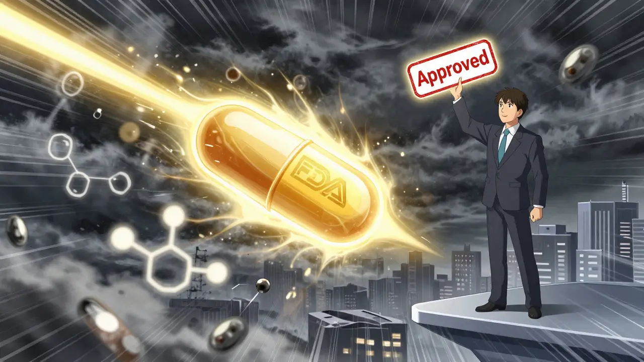 Generic drug tablet triumphing over chemical impurities as FDA approves it with golden light.