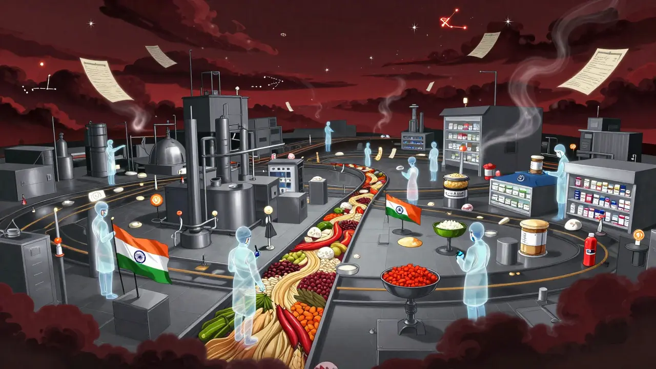 Global generic drug supply chain flows from international factories to U.S. pharmacies under FDA guardian spirits.