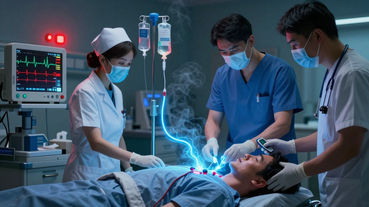 Medical team treating hyperkalemia emergency with IV medications and ECG monitor displaying irregular rhythms.