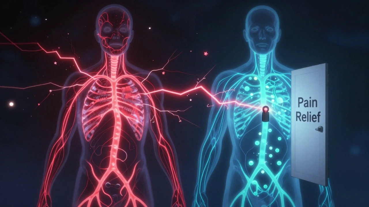Nervous system glowing with chaotic pain on one side, calm methadone relief on the other.