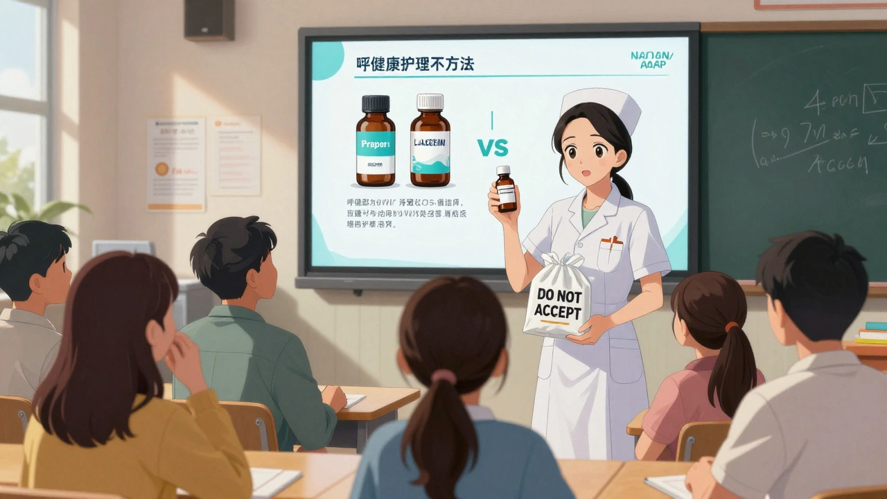 Nurse educating parents about proper medication labeling, comparing pharmacy bottle to plastic bag