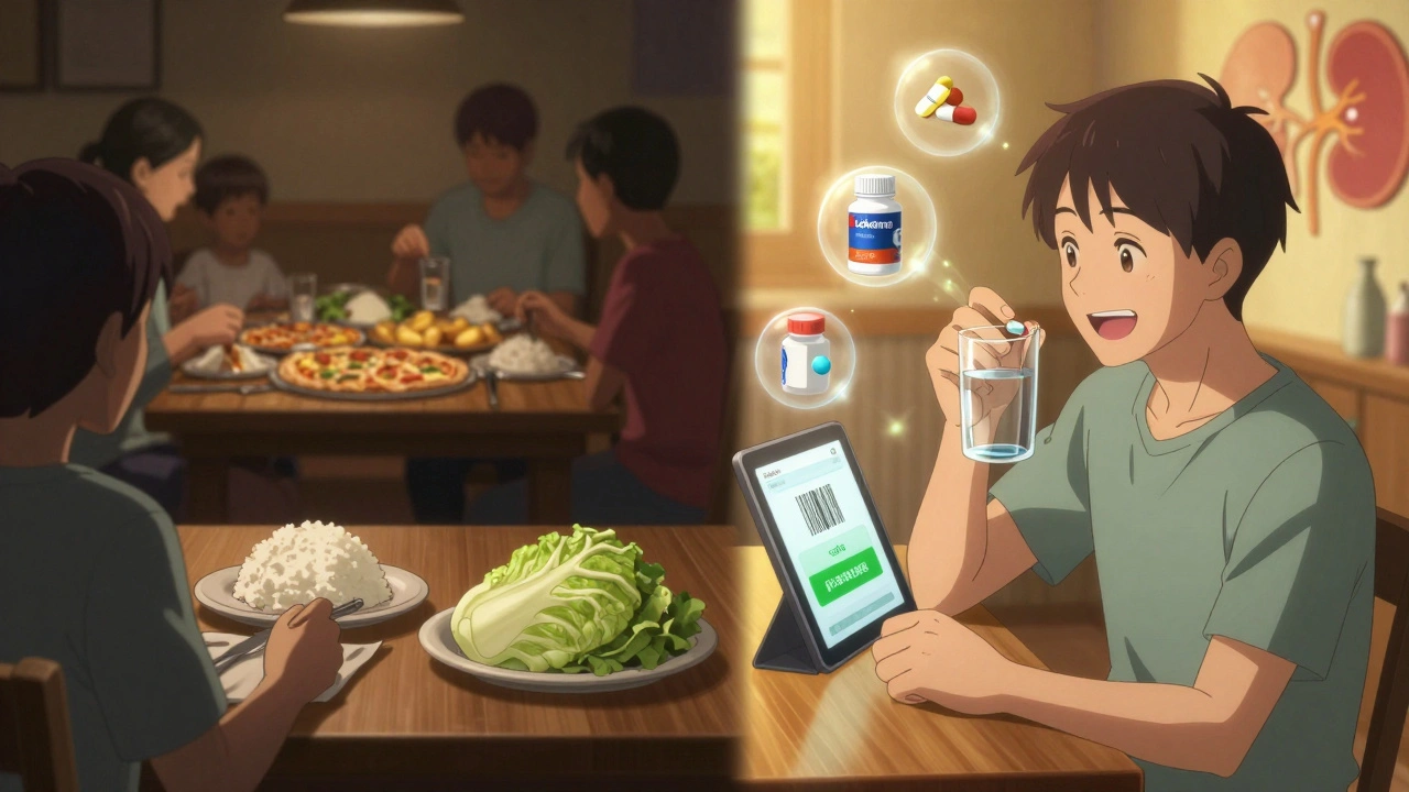 Patient choosing between isolated diet and using binder with digital food scanner, glowing kidney symbol in background.