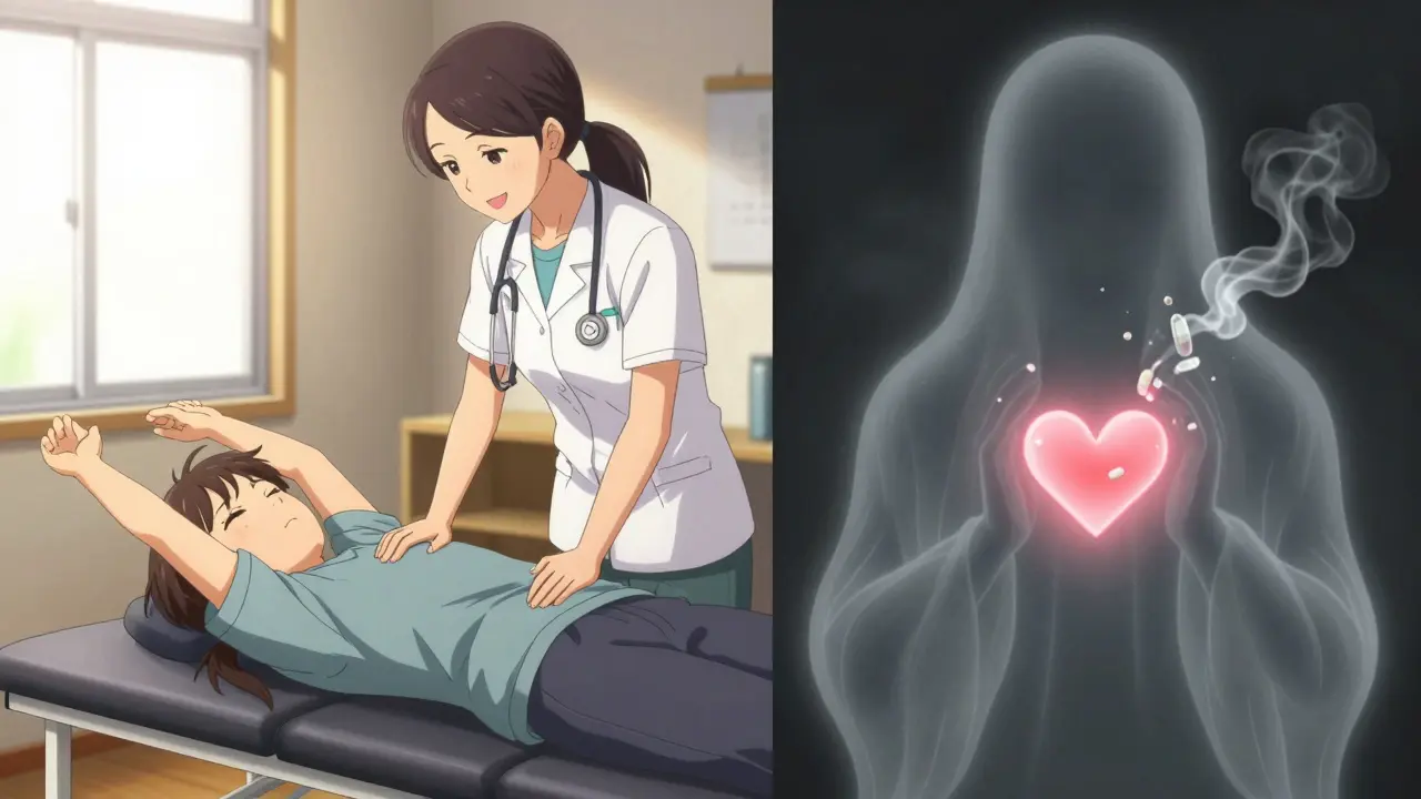 Patient receiving physical therapy as opioid pills fade into smoke, symbolizing safer pain relief.