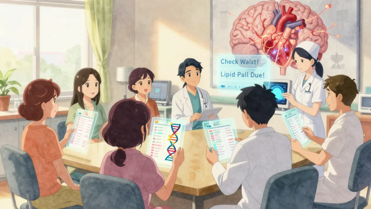 Patients and doctors in a clinic reviewing blood test charts with digital health reminders floating in the air.