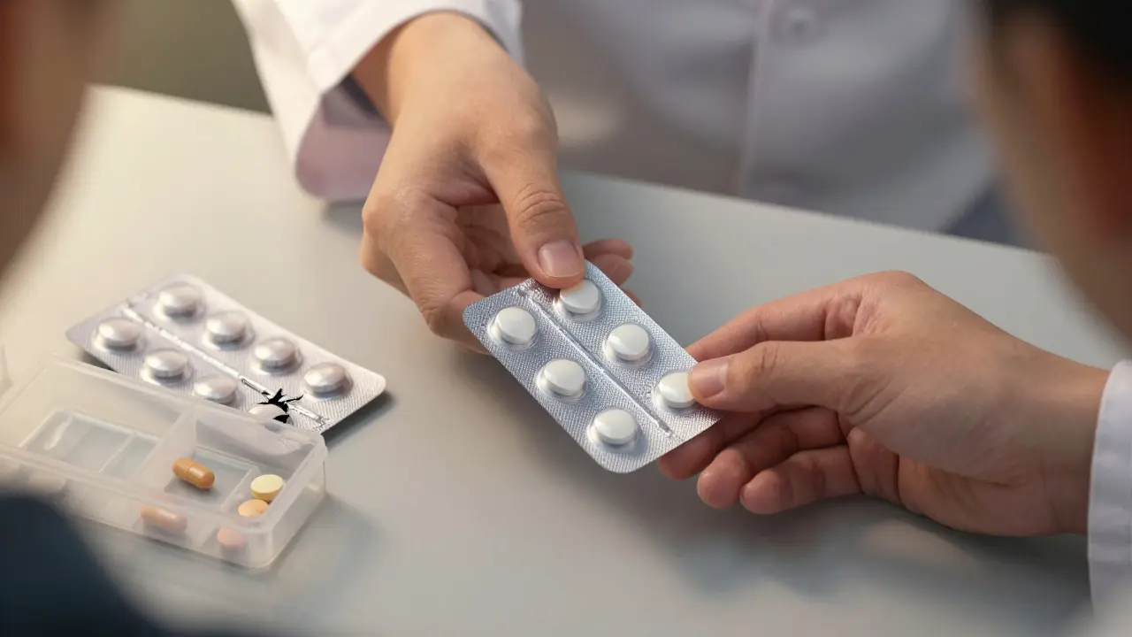 Pharmacist giving foil blister pack, contrasting with damaged pill in organizer.