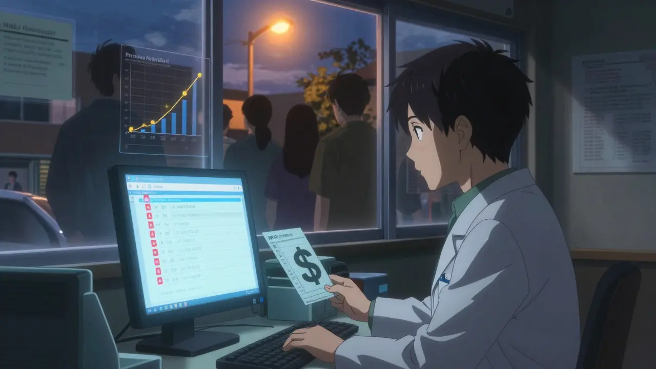 Pharmacist reviewing a MAC list on a computer screen as patients wait outside.