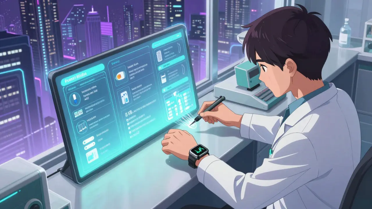 Pharmacist scanning a patient’s wristband with holographic drug interaction alerts and a smartwatch monitoring vitals.