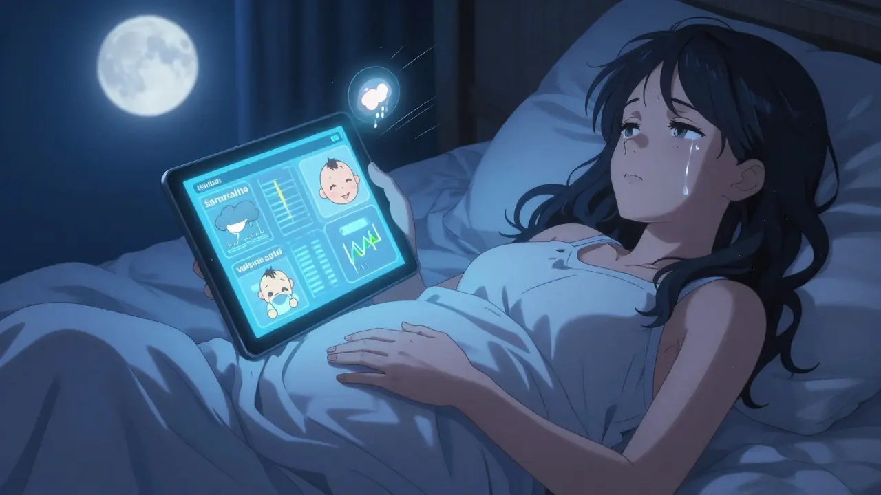 Pregnant woman at night reviewing medication risk data on a tablet with emotional lighting.