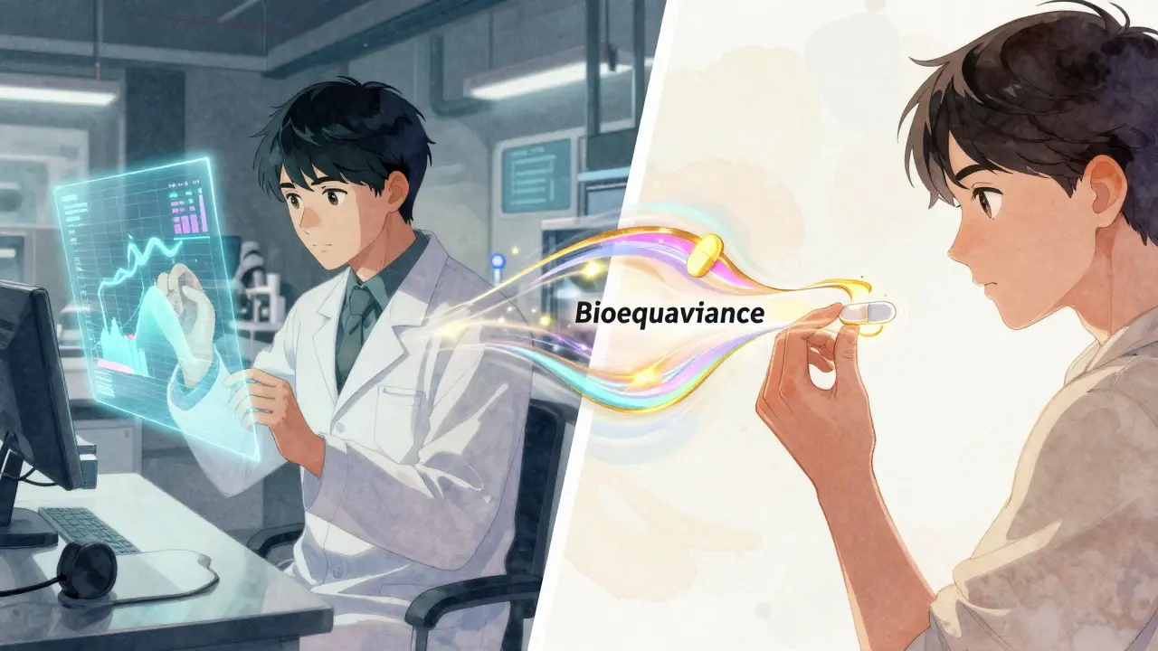 Scientist studies bioequivalence data on a hologram while a patient takes a pill with matching absorption waves.