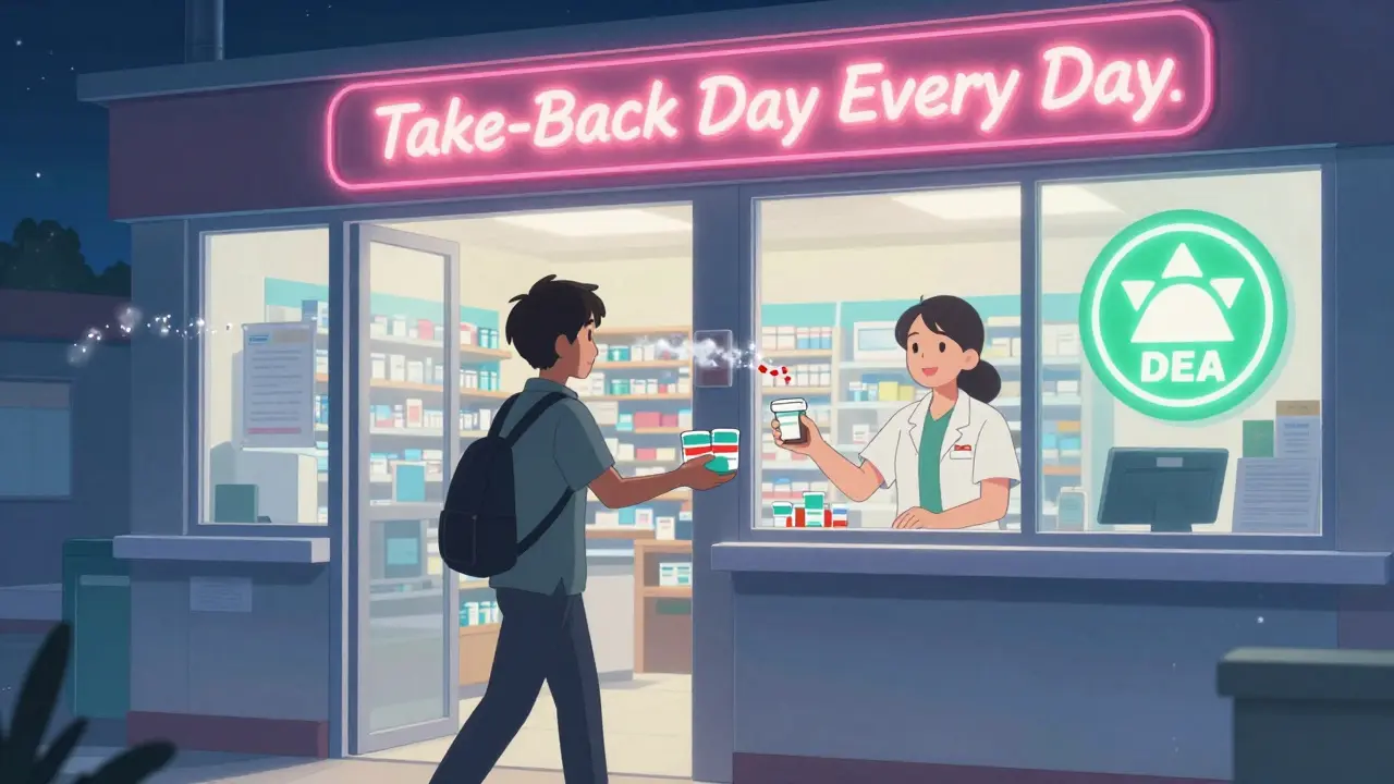 Someone dropping off sealed medications at a pharmacy take-back kiosk at night.