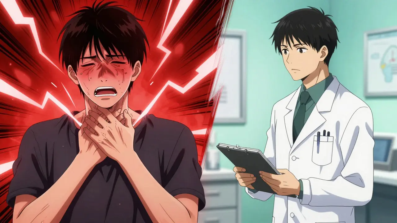 Split scene showing severe allergic reaction on one side and calm doctor consultation on the other.