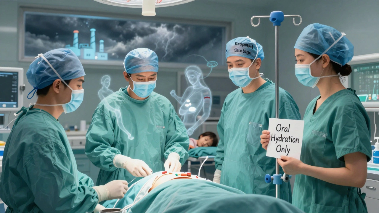 Surgeons pause in an operating room as an empty IV pole and handwritten note signal a critical drug shortage.