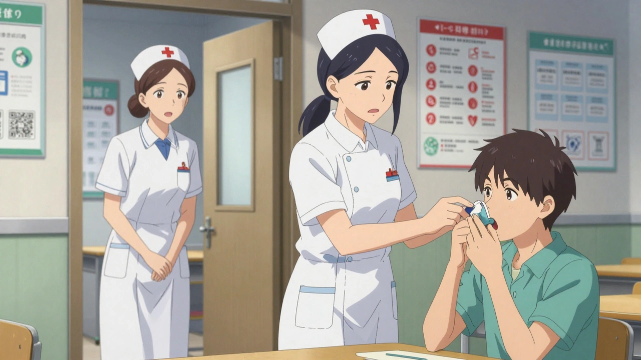 Teaching assistant giving inhaler to student while nurse watches from doorway, emergency protocols on walls