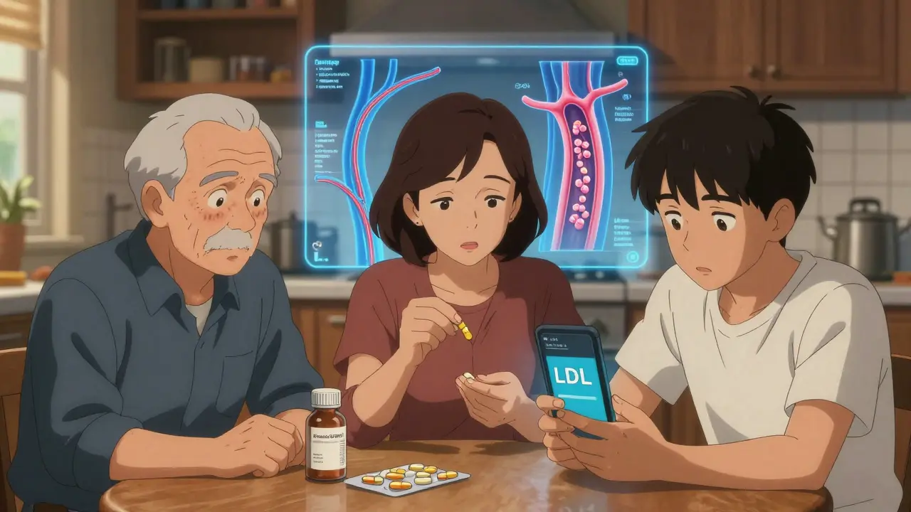 Three generations at a table with cholesterol symbols and artery overlays in anime art style.