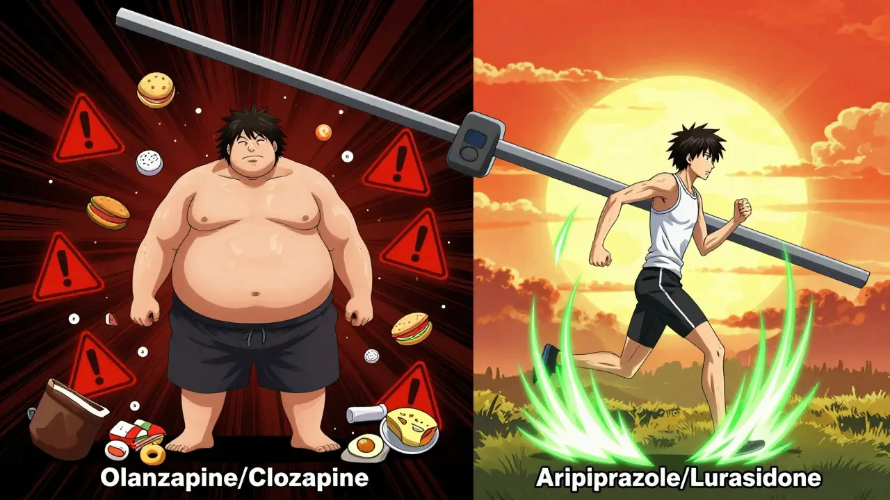 Two contrasting figures representing high-risk and low-risk antipsychotics with visual symbols of weight gain and health.