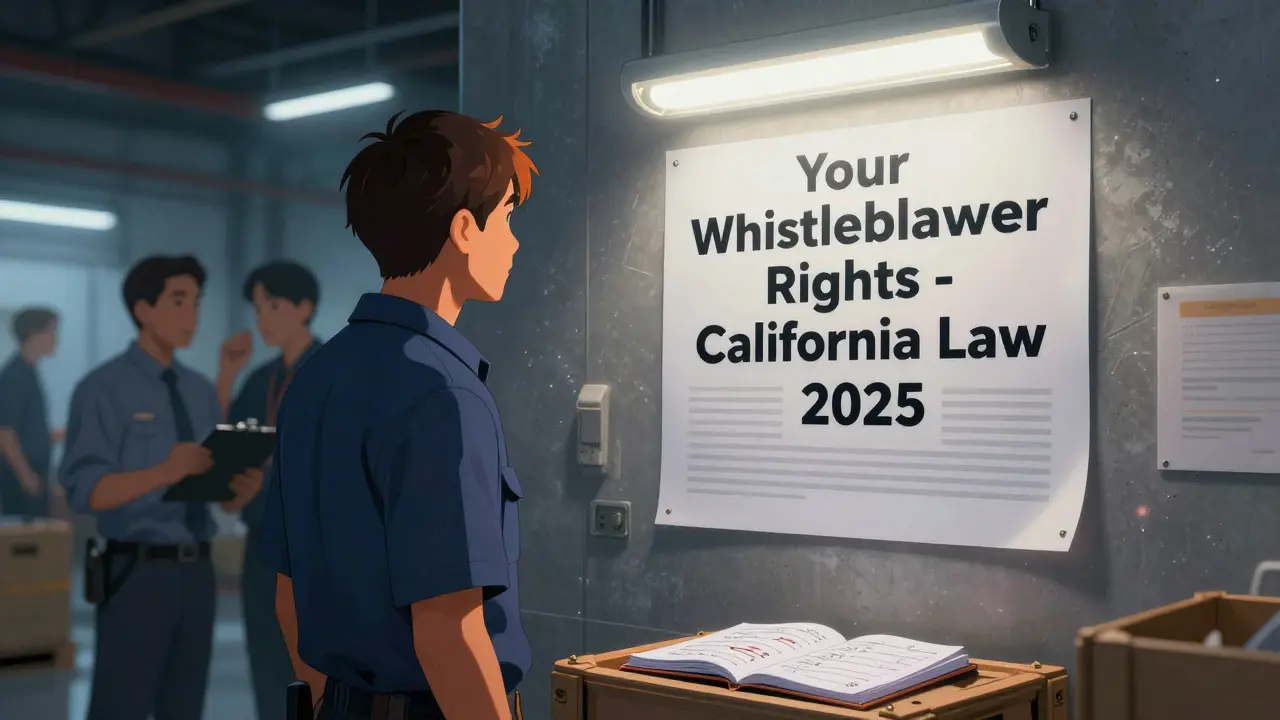 Warehouse worker reading a legal notice about whistleblower rights, supervisors watching in the background.