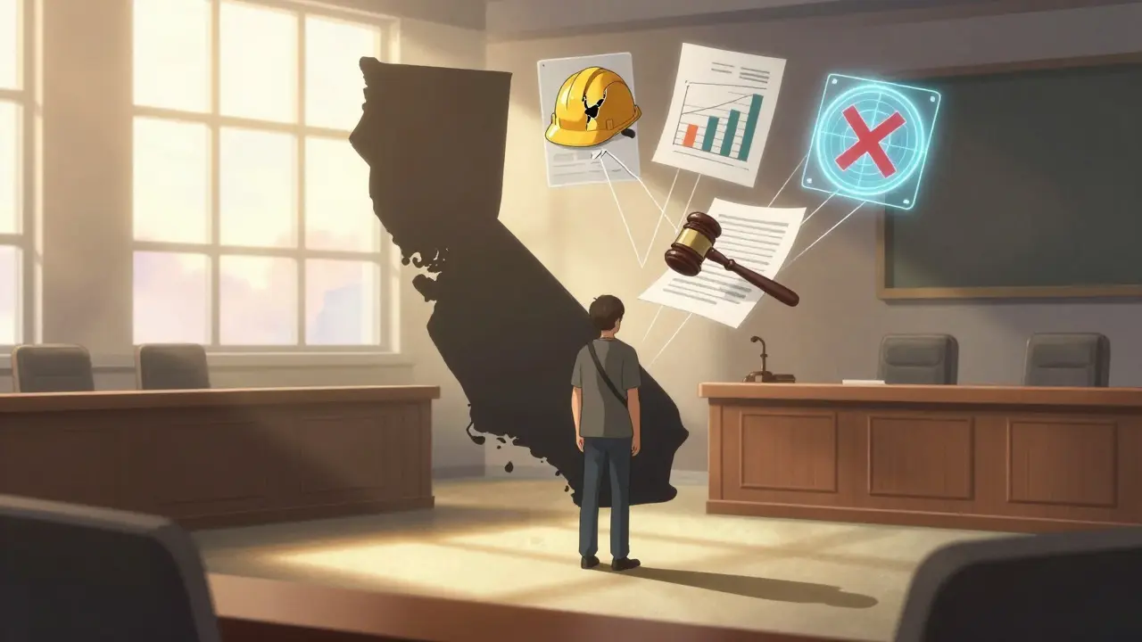 Whistleblower in court with a shield shaped like California, symbols of protected reports floating around them.