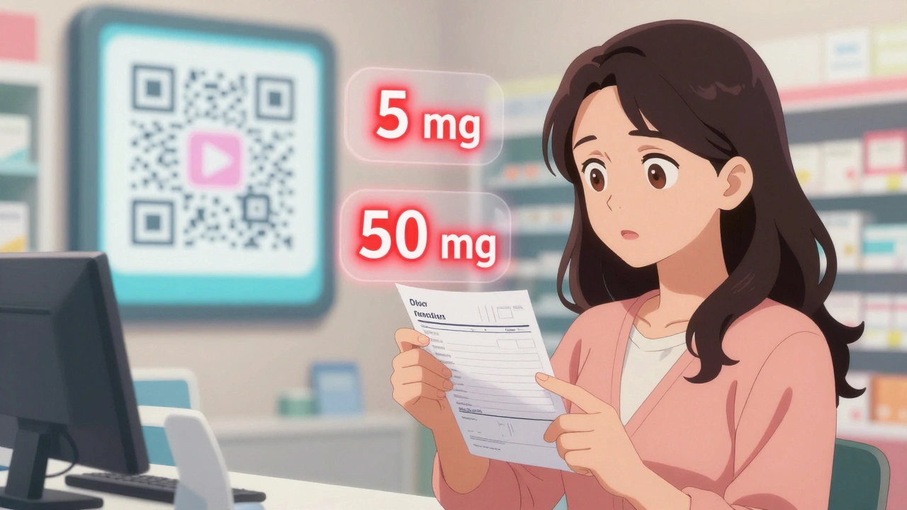 Woman comparing prescription label with doctor&#039;s paper, noticing dangerous dosage error.