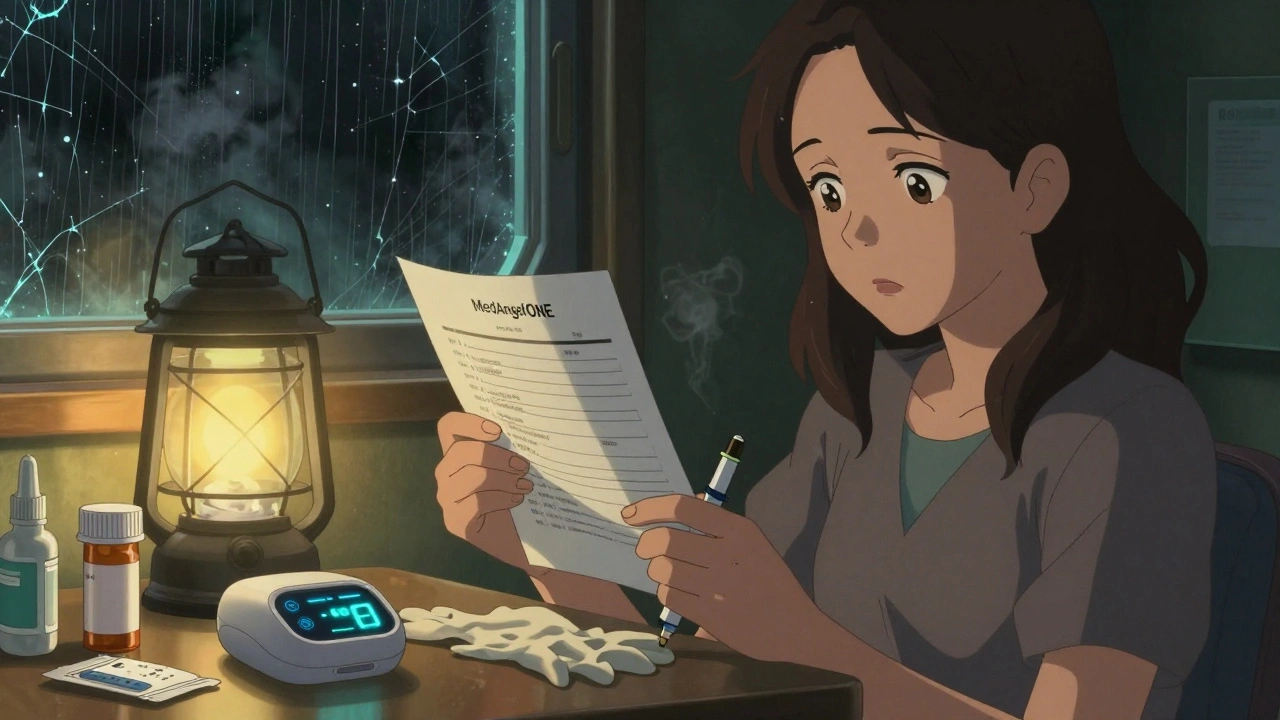 Woman in a shelter holding medication list and insulin pen, lit by emergency lantern with sensor on table.