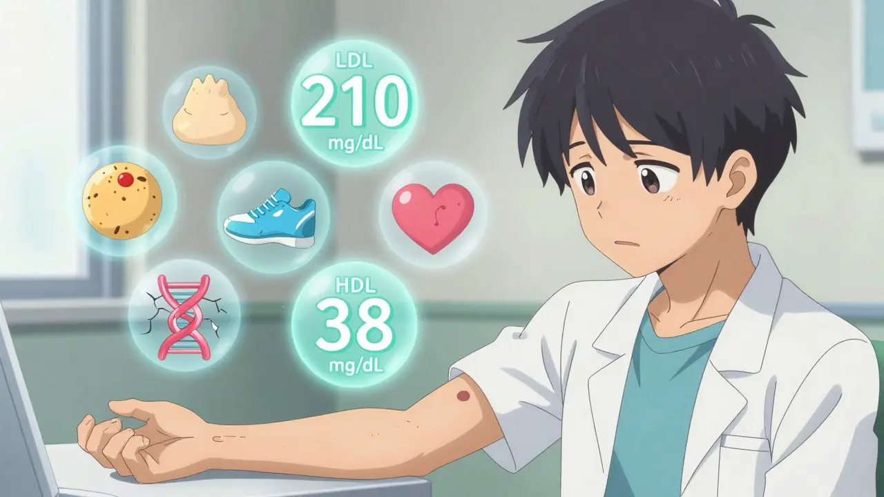Young person getting a blood test with floating cholesterol numbers and symbolic icons in anime style.