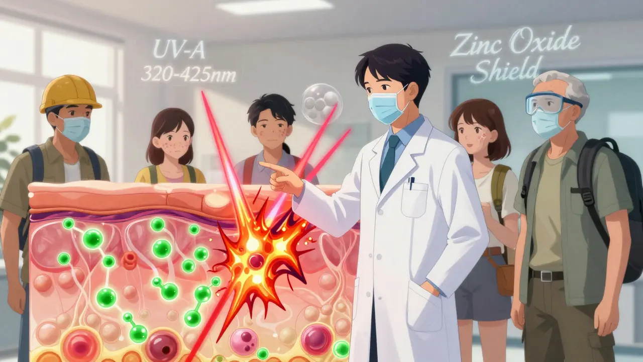 A dermatologist explaining skin damage from tetracycline and UV light, with glowing molecular reactions and diverse patients in protective gear.