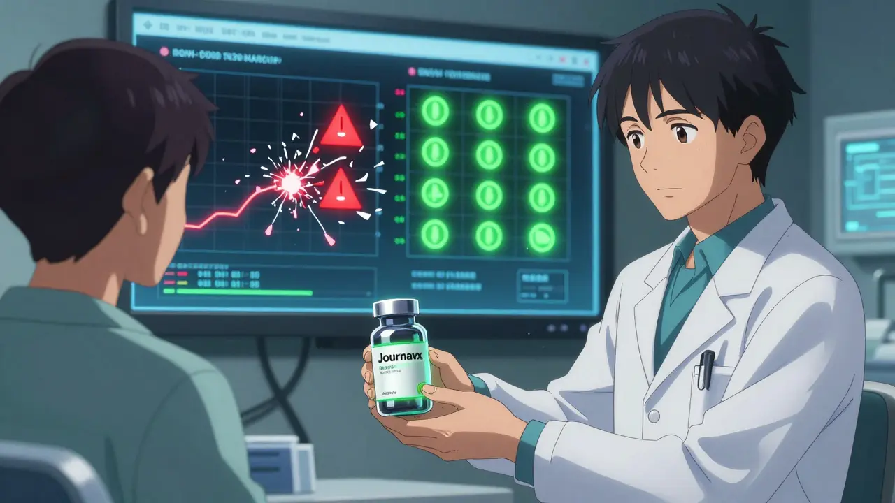 A doctor handing a new non-opioid pain medication called Journavx, with risk graphs breaking apart in the background.