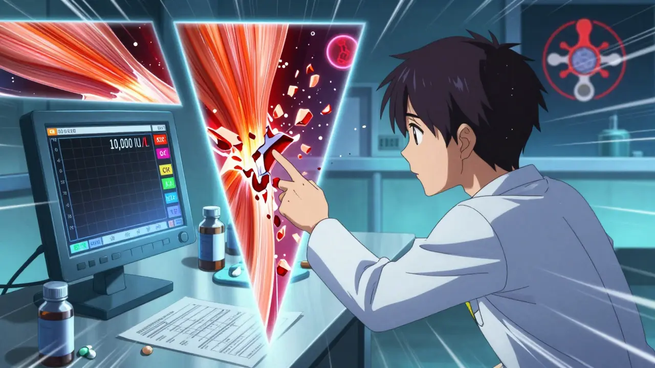 A doctor pointing at a blood test showing extremely high CK levels with breaking muscle fibers.