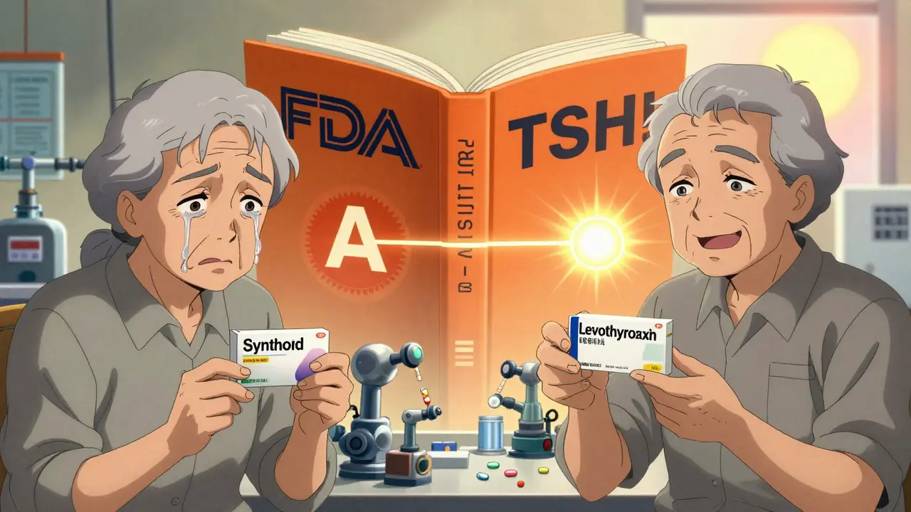 A patient transitioning from worry to calm, holding brand and generic thyroid medication with a stabilizing TSH graph between them.