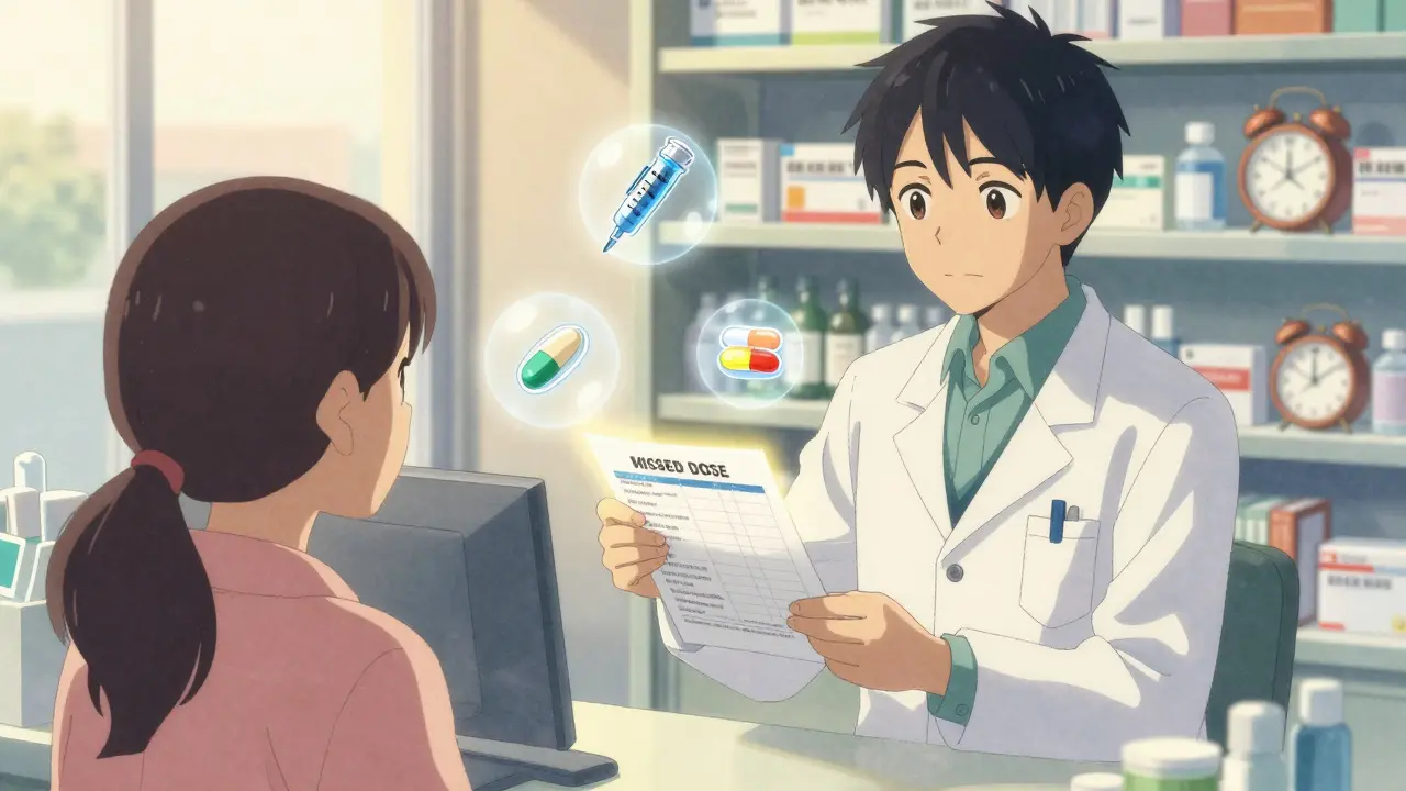 A pharmacist handing a patient a missed-dose guide with floating medication icons.