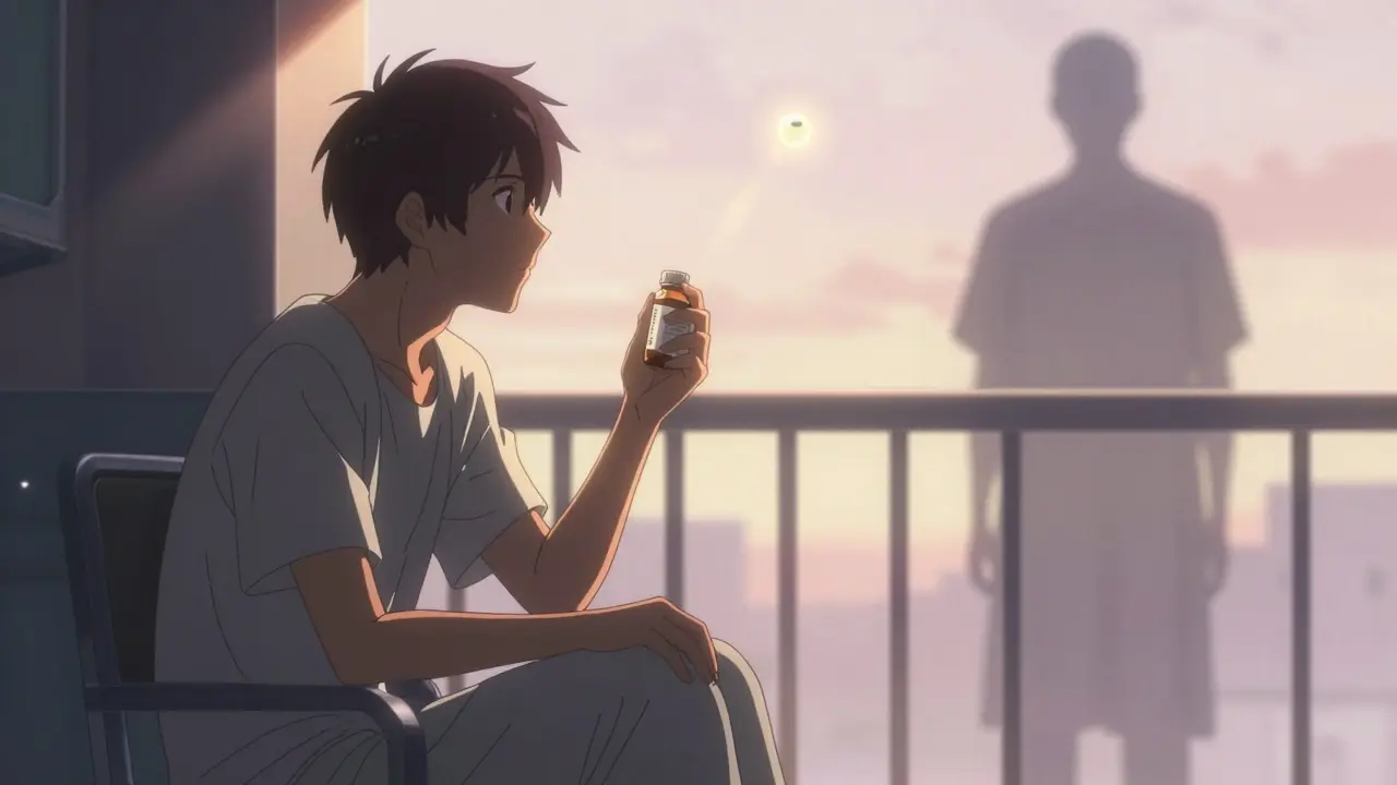 A survivor on a hospital balcony at dawn, holding medication as a glowing dopamine molecule rises.