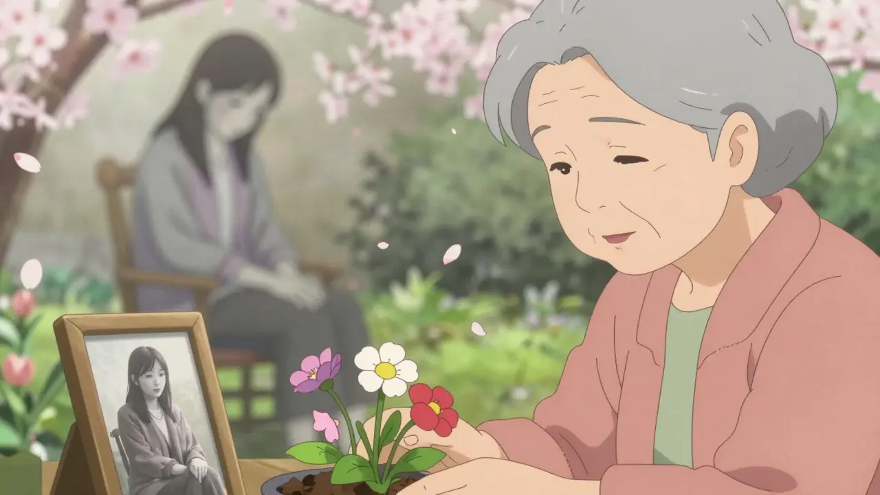 An elderly woman gardening peacefully, with a faded memory of opioid use behind her in soft gray tones.