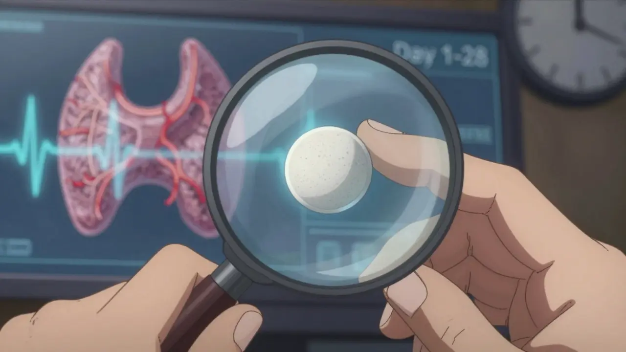 Close-up of a pill under magnifying glass with medical symbols floating around it.