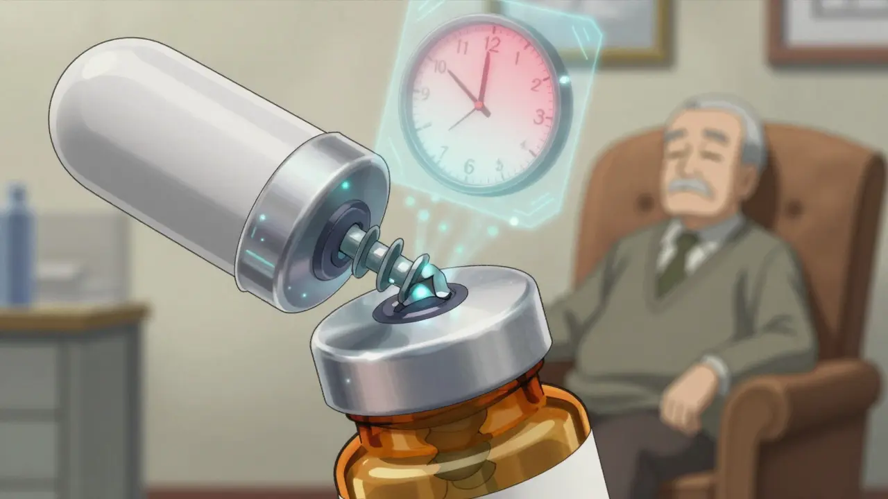 Close-up of a smart pill cap with glowing sensors on a medicine bottle, surrounded by fading red timestamps.