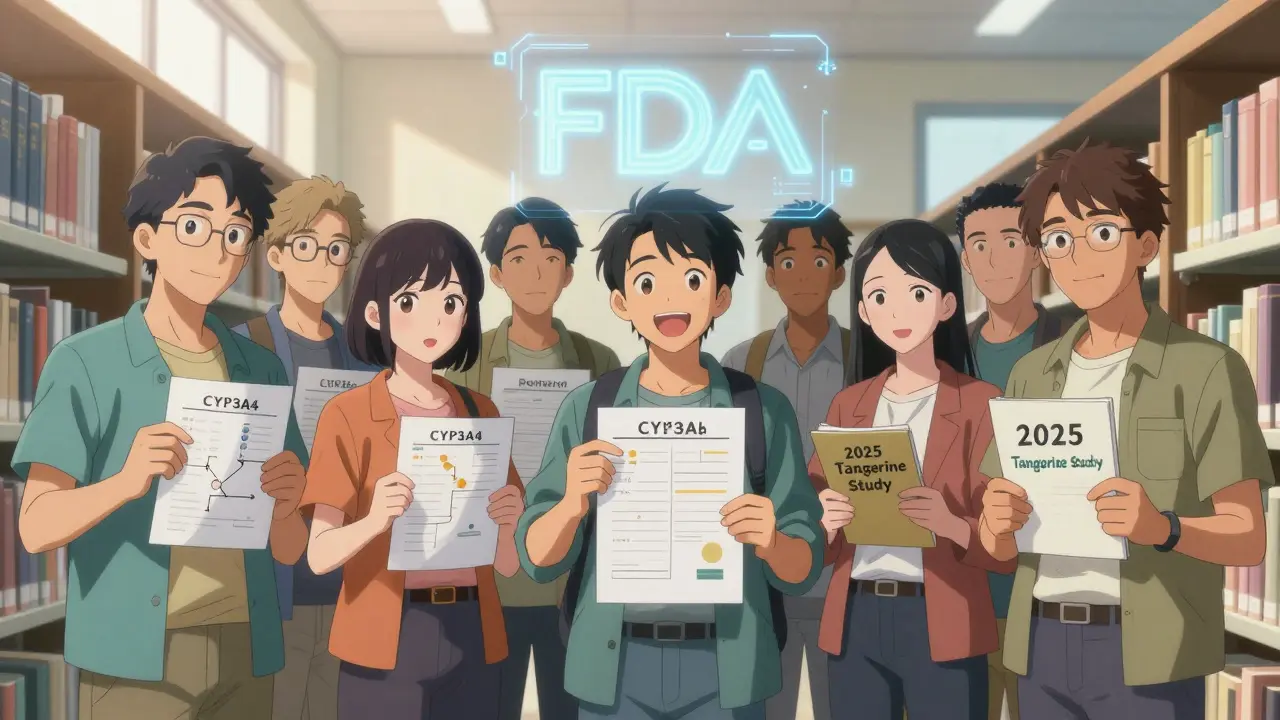 Diverse group in medical library with personalized med lists and research hologram