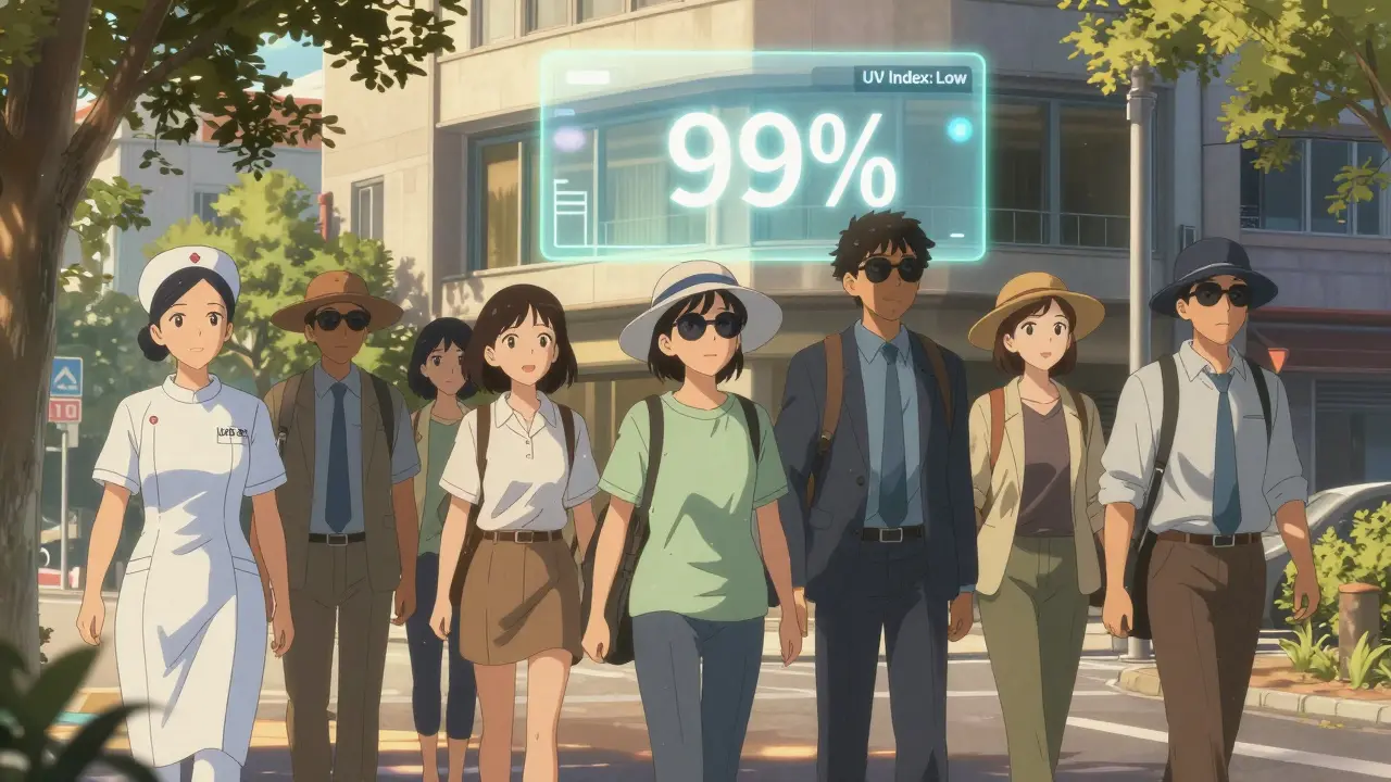 Diverse group walking safely in city at dusk, all wearing sun-protective gear under UV-filtered sunlight.