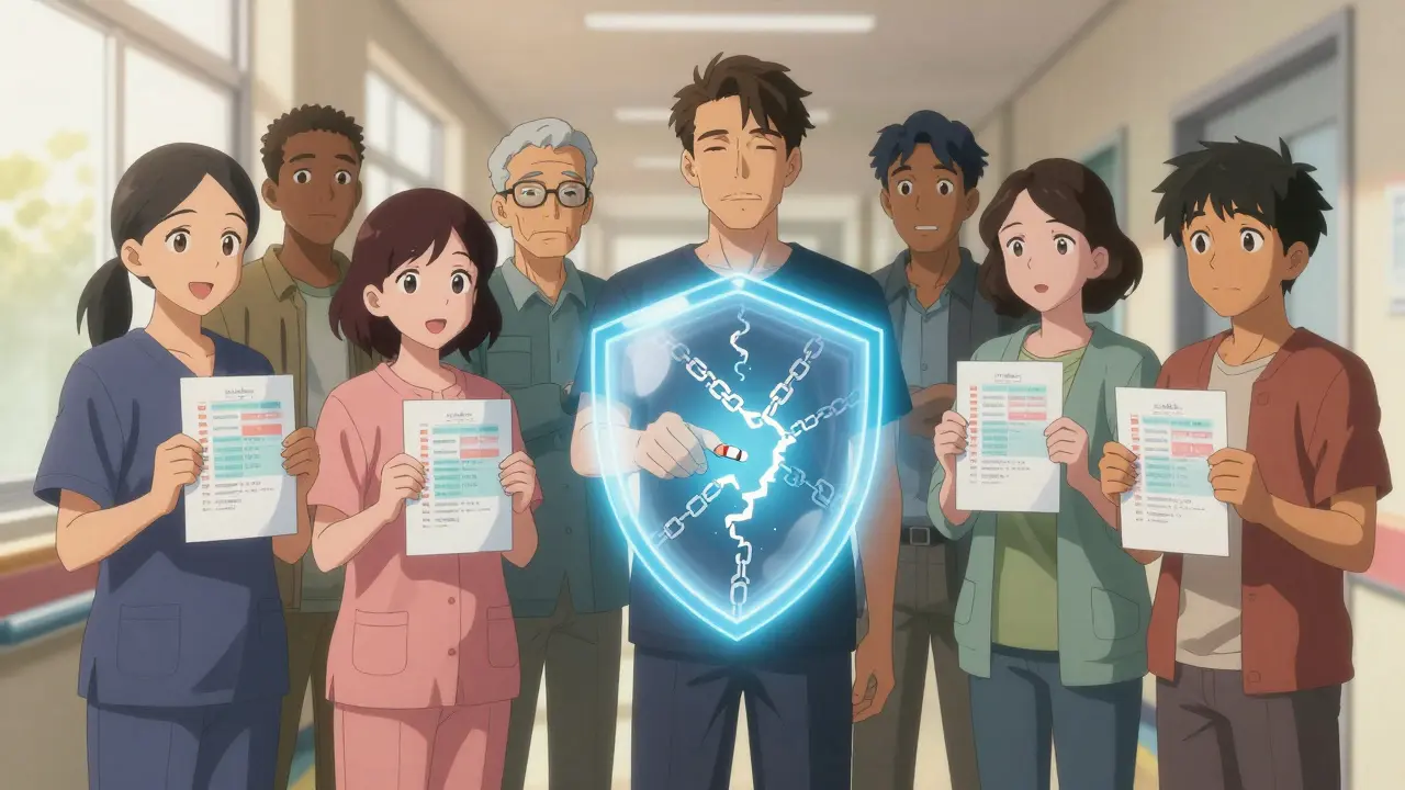 Diverse patients in hospital corridor with genetic test overlays and protective shield.