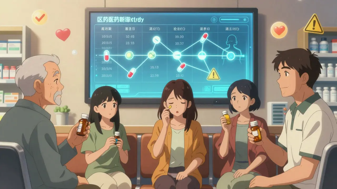 Diverse patients in pharmacy viewing a digital medication history timeline.
