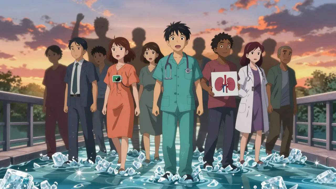 Diverse patients on a bridge over a river of sugar crystals, symbolizing SGLT2 inhibitor benefits.