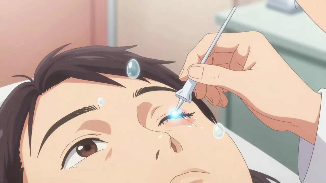 Doctor inserting a glowing punctal plug into a patient’s eyelid, with tear droplets held in place around the eye.