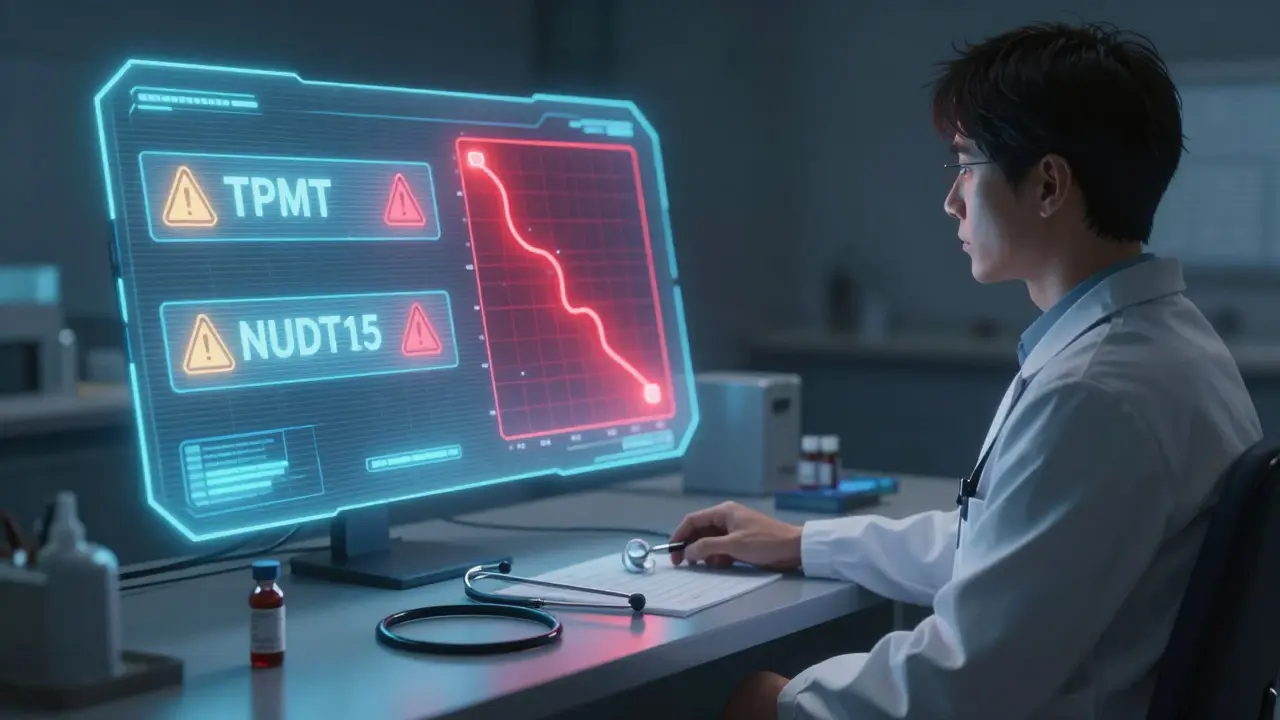 Doctor reviewing holographic genetic test results with warning signs for enzyme deficiency.