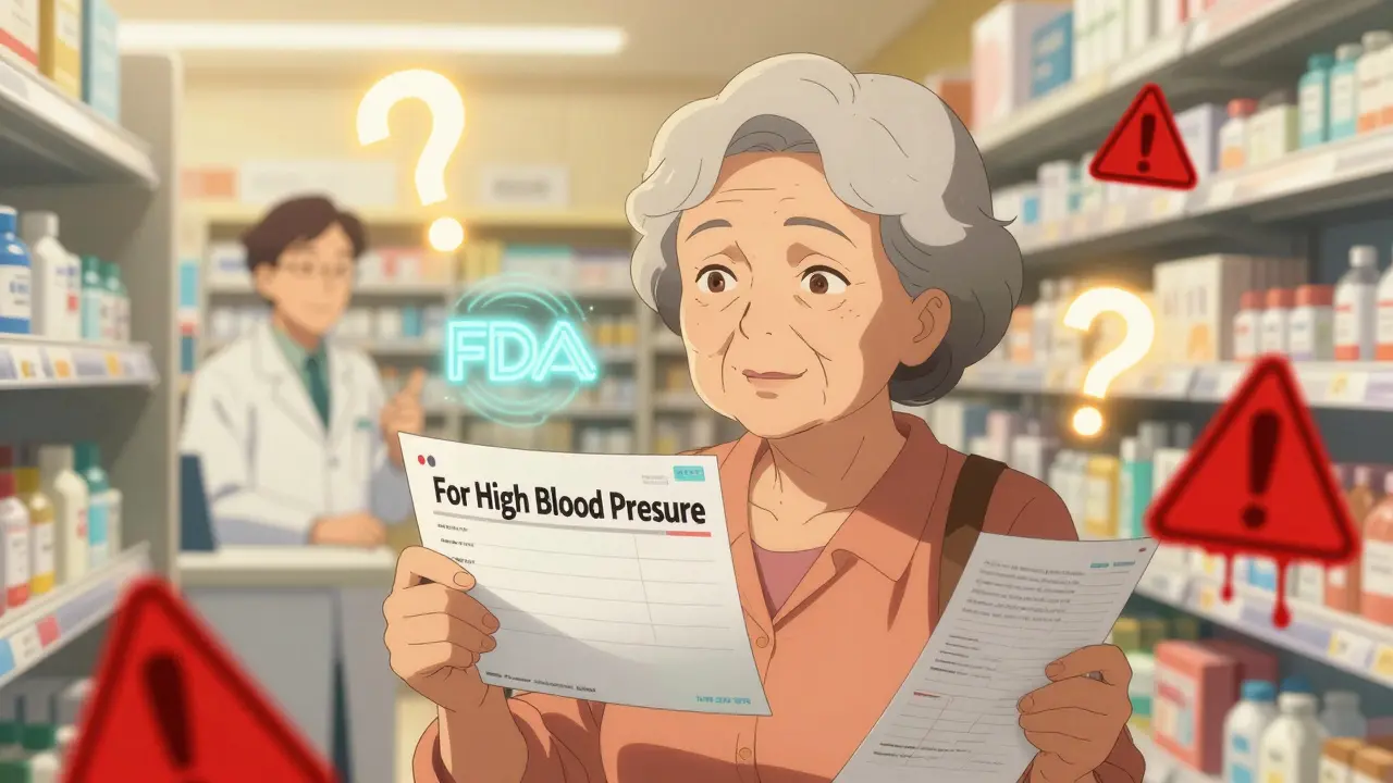 Elderly woman holding large-print prescription label with clear purpose written, pharmacist nearby.