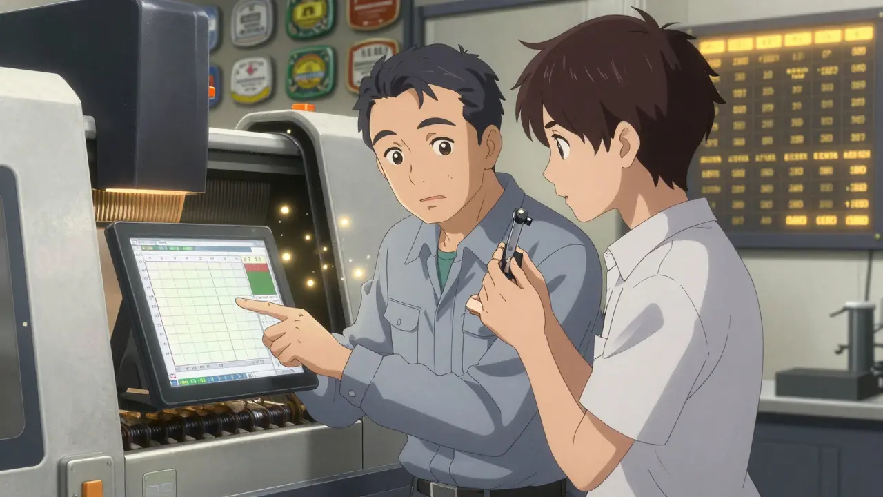 Experienced worker mentoring a new hire beside a CNC machine, showing a live quality chart and micrometer.
