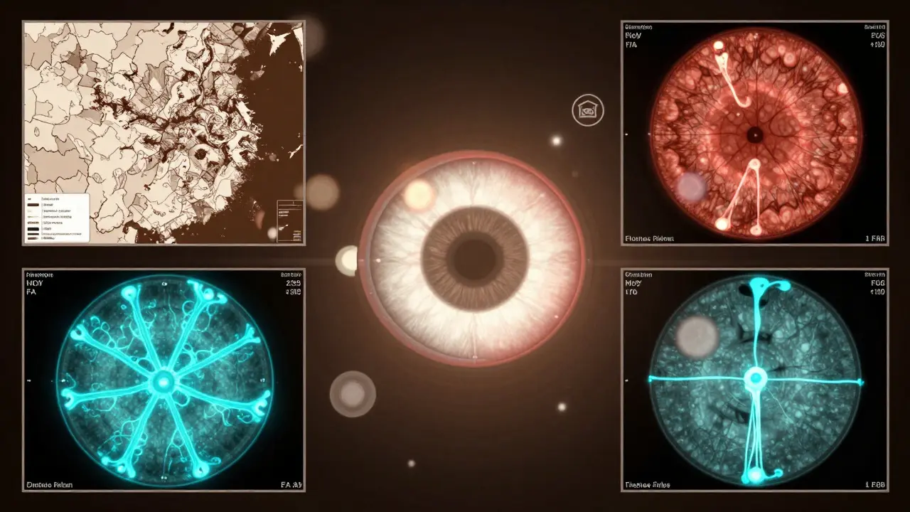 Four eye imaging technologies visualized together around a central eye.