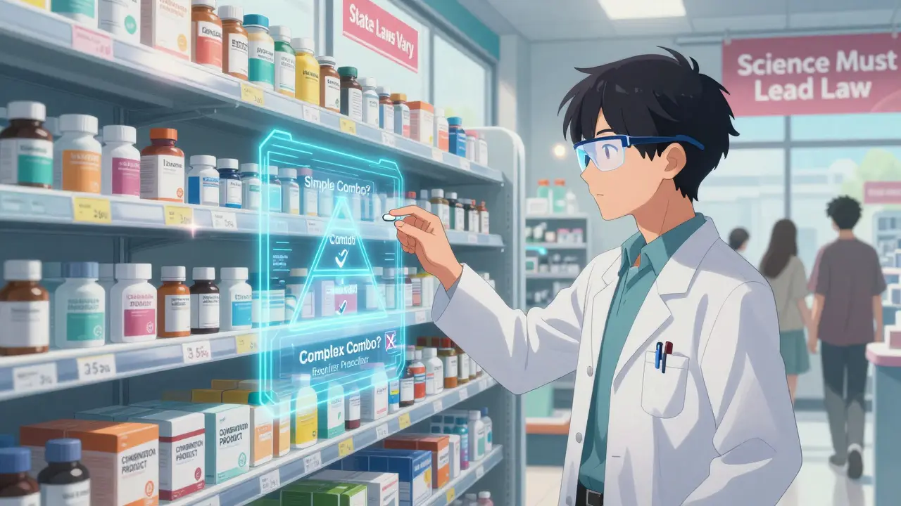 Futuristic pharmacy shelf displays holographic combination drugs with AI decision tree.